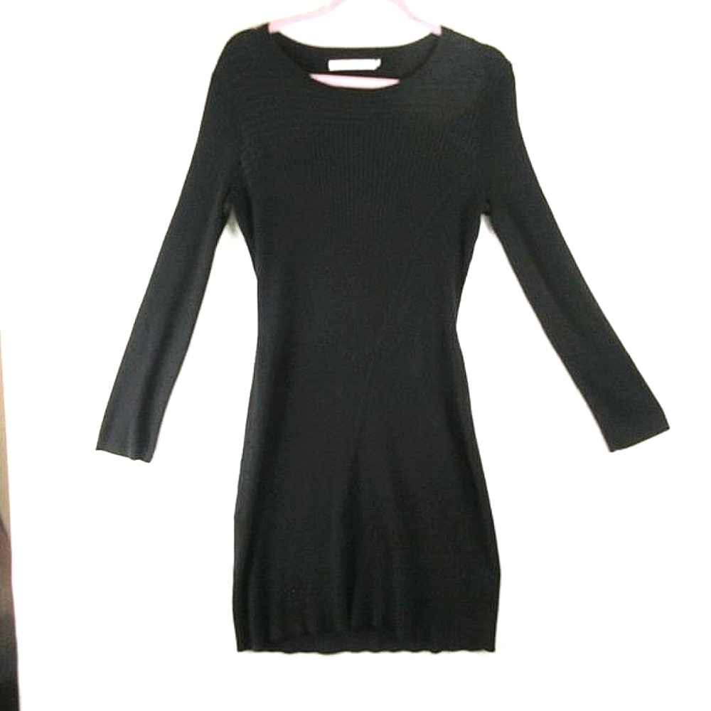 Stitches & Stripes Black Midi Sweater Dress XL Rib Knit Asymmetrical Mob Wife